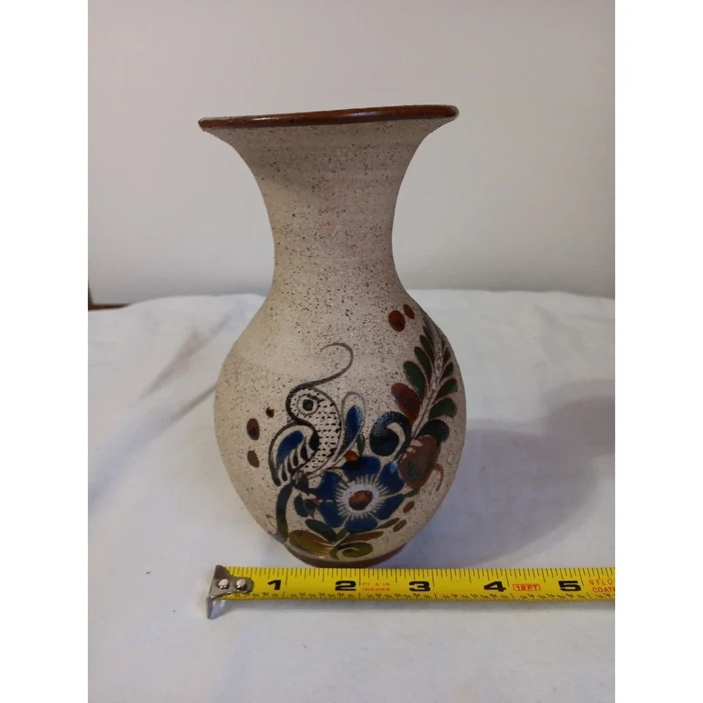 Vtg Sandstone Vase 6 Inch Mexico Hand‎ Painted Blue Bird Floral Art Decor Signed